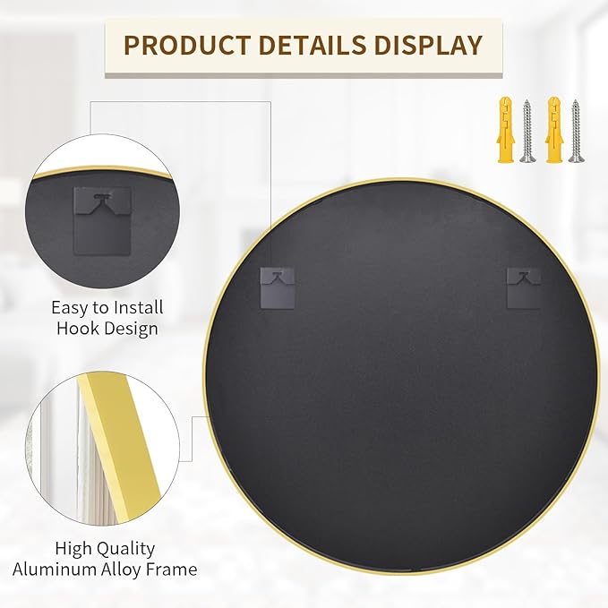 BEAUTYPEAK 48 Inch Round Mirror, Metal Frame Circle Mirror, Wall Mounted for Entryway, Bathroom, Vanity, Living Room, Gold-Ruum Studio Home