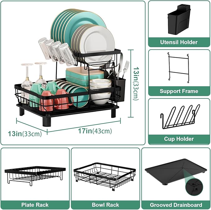 MOUKABAL Dish Drying Rack, 2 Tier Dish Rack, Large Dish Racks for Kitchen Counter, Dish Drainer with Removable Utensil Holder, Drainboard (Black)-Ruum Studio Home