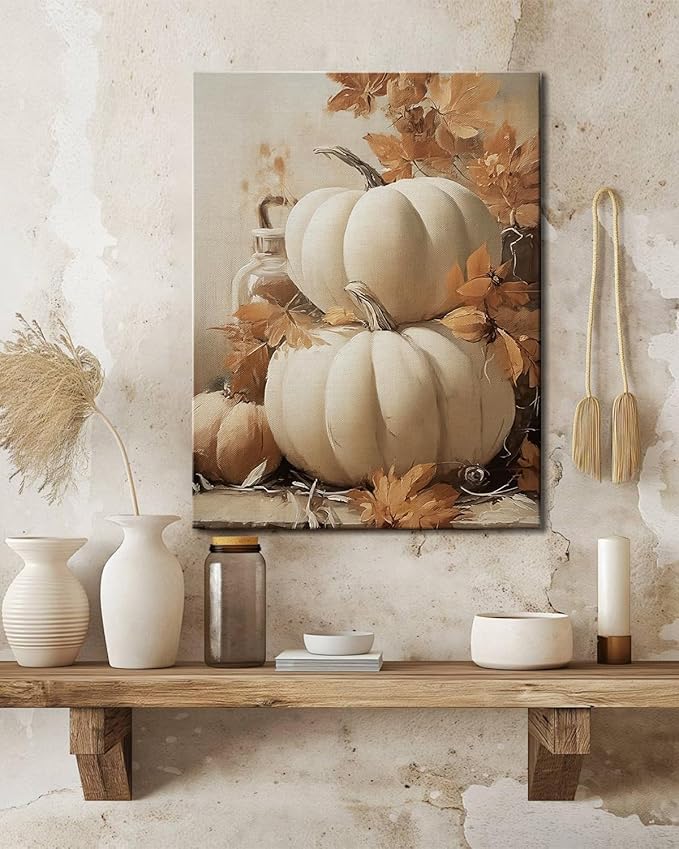 Farmhouse Autumn Pumpkin Wall Art Decor, Rustic Fall Canvas Prints Framed for Living Room Kitchen Dining Room, Thanksgiving Decorations and Cozy Fall Wall Art Picture, Ready to Hang-Ruum Studio Home
