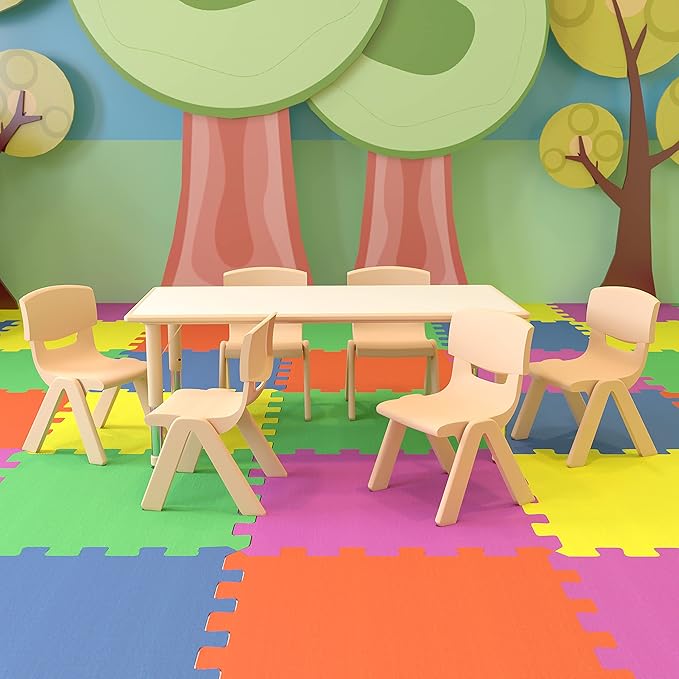 EMMA + OLIVER 23.625" W x 47.25" L Rectangle Natural Plastic Activity Table Set with 6 Chairs-Ruum Studio Home
