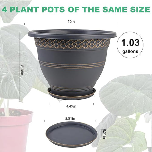10 Inch 4 Pack Large Plant Pots, Plastic Flower Pot for Indoor & Outdoor with Drainage Holes & Saucer, Plaid Pattern Planters Garden Pots for Herbs-Ruum Studio Home