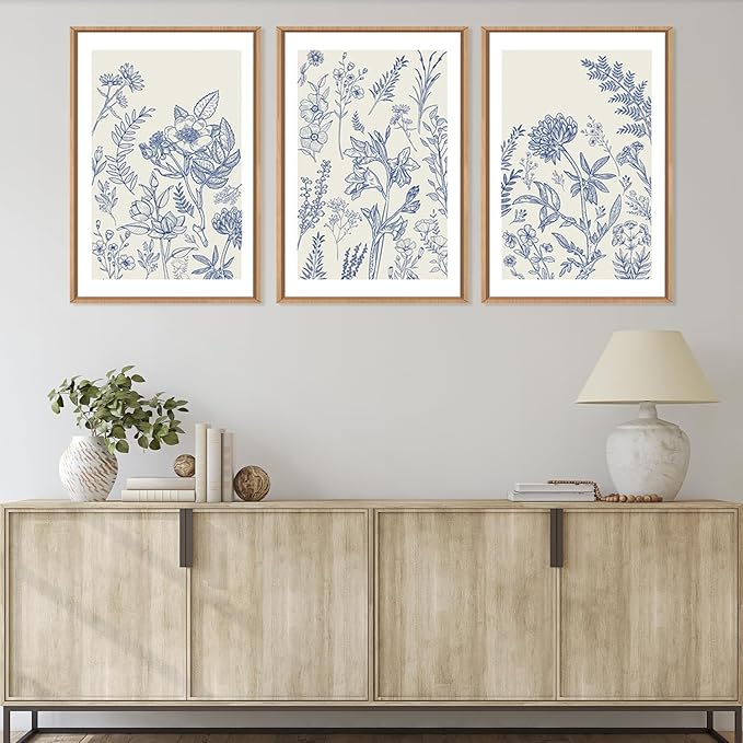 HPINUB Classic Chinoiserie Floral Framed Canvas Wall Art Set,Watercolor Blue and White Botanical Flowers Wall Decor,Navy Blue Minimalist Wildflower Art Print for Living Room,Bedroom,Office-24x36x3-Ruum Studio Home