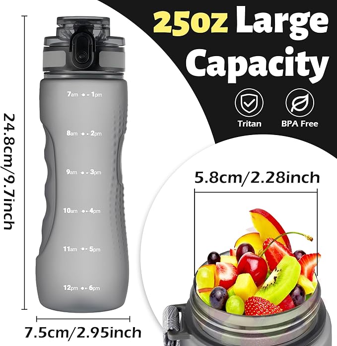OLDLEY 25 oz Water Bottle, Motivational Water Bottle with Time Marker, Sports Water Bottle With Strap, Leakproof & BPA Free Large Water Bottles for School, Gym, Travel, Outdoor, Tritan,Gray-Ruum Studio Home
