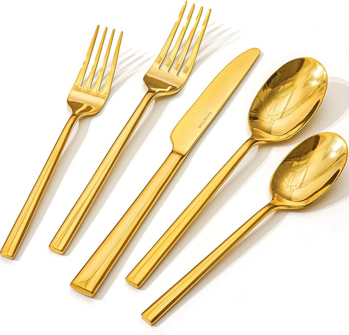 KINGSTONE Gold Silverware Set, 60-Piece Forged Flatware Set Cutlery Set Premium Stainless Steel, Service for 12, for Kitchen, Home, Wedding, Party, Mirror Polished and Dishwasher Safe-Ruum Studio Home