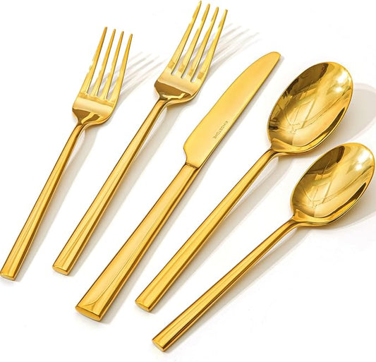 KINGSTONE Gold Silverware Set, 60-Piece Forged Flatware Set Cutlery Set Premium Stainless Steel, Service for 12, for Kitchen, Home, Wedding, Party, Mirror Polished and Dishwasher Safe-Ruum Studio Home
