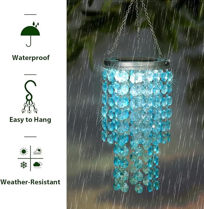 Hanging Solar Lantern Outdoor, 2 Tiers 21” Solar Blue Acrylic Beaded Chandelier with Cool White LED S Hooks for Garden Yard Patio Gazebo Outside Decor-Ruum Studio Home