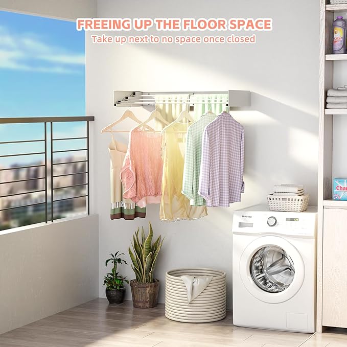 Wall Mounted Drying Rack for Laundry 19.8'', Folding Drying Rack Clothing Wall Mount with 3 Rods, Space Saving for Indoor Outdoor Bathroom Balcony (White, 19.8'')-Ruum Studio Home