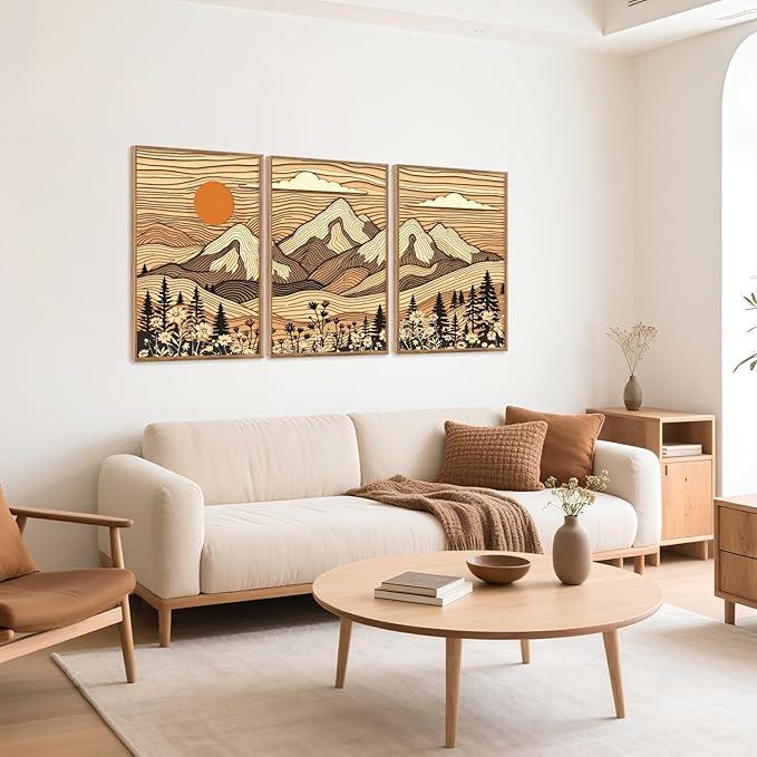 HPNIUB Mountain Framed Canvas Wall Art, Vintage Pine Tree Wall Decor, Country Wilderness Forest Wildflower Painting, Modern Nature Sun Art Prints for Living Room,Bedroom,Farmhouse- 16"x24"x3-Ruum Studio Home