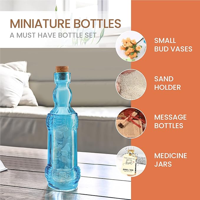 Small Blue Vintage Glass Bottles with Corks, Mini Vases, Decorative, Potion, Assorted Design Set of 12 pcs, 4.6 Inch Tall (11.43cm), 1.4 Inch Wide (3.56cm)-Ruum Studio Home