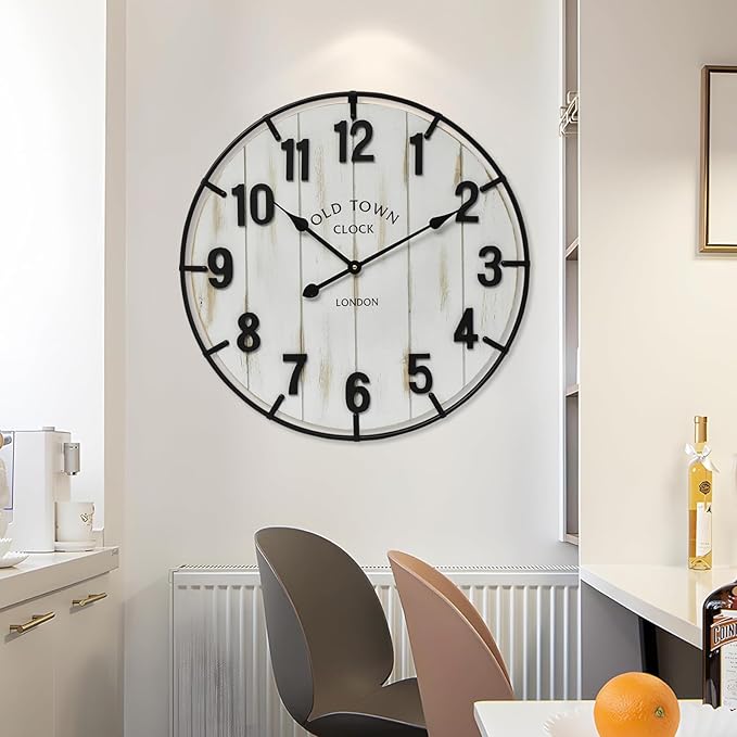 Large Old Town Farmhouse Wall Clock – 24 Inches Rustic Antique Wood with Metal Circle and Large Numerals, Silent Battery Operated Clock for Office, Kitchen, Bedroom, Living Room (Washed White)-Ruum Studio Home