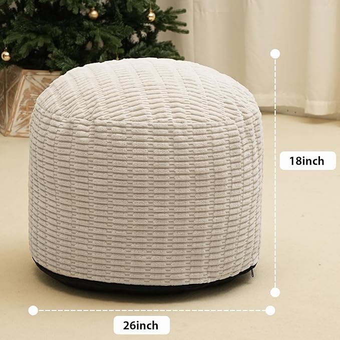 Round Stuffed Pouf Ottoman for Foot Rest, Storage Ottoman Pouf Foot Stool Cushion, Faux Fur Poufs with Foam Chunk Filling, 26 X 18 Inch Floor Chair for Living Room Bedroom Home Decor, Beige-Ruum Studio Home