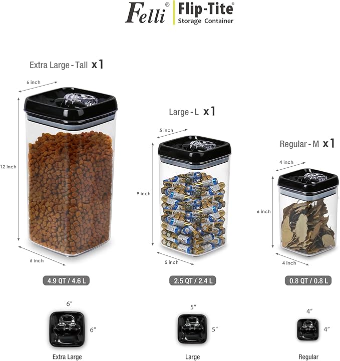 Felli Flip Tite Storage Container with Lid 6" XL Air Tight Ring Lock Top, Clear Acrylic Canister Set for Kitchen, Pet Cat Dog Food Treats, 5 lb Flour Sugar Pantry Organizer (Nest-L, Black)-Ruum Studio Home