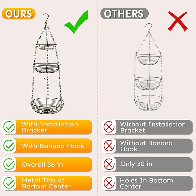 HULISEN 3 Tier Hanging Fruit Basket with Banana Hook, Heavy Duty Wire Hanging Baskets for Kitchen Storage, 36 Inch Hanging Vegetable Produce Basket Organizer (Including Installation Bracket)-Ruum Studio Home