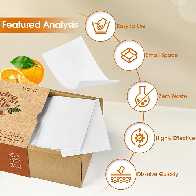 Poesie Laundry Detergent Sheets Citrus Scent 160 Sheets 80 Large Loads Laundry Strips No Plastic Jug Liquidless Travel Portable HE for Camping Dorm Life Clean-Ruum Studio Home