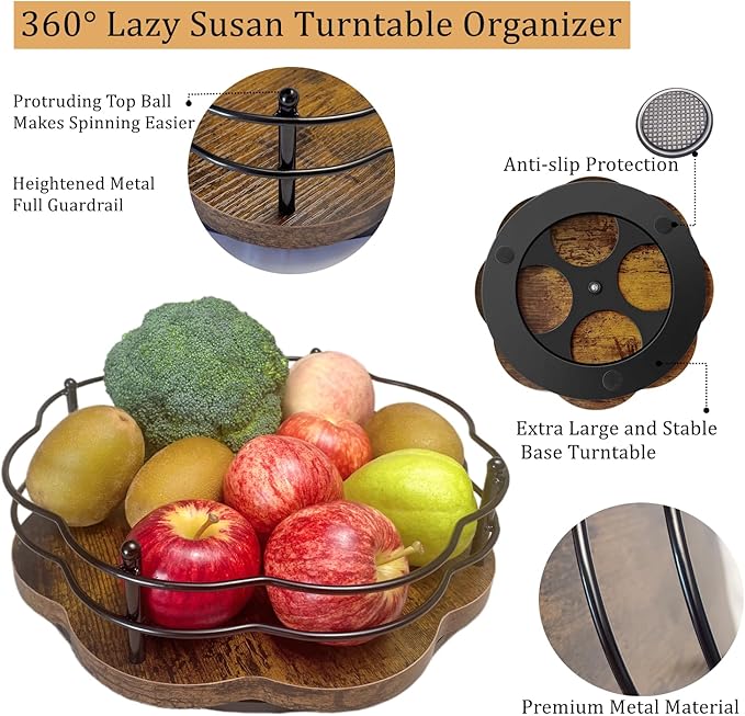 12" Lazy Susan Turntable Organizer with Higher Metal Sides, Wooden Lazy Susan Spice Rack Organization and Storage for Cabinet,Kitchen,Countertop,Table Top,Dining Table,Coffee Bar Decor-Ruum Studio Home