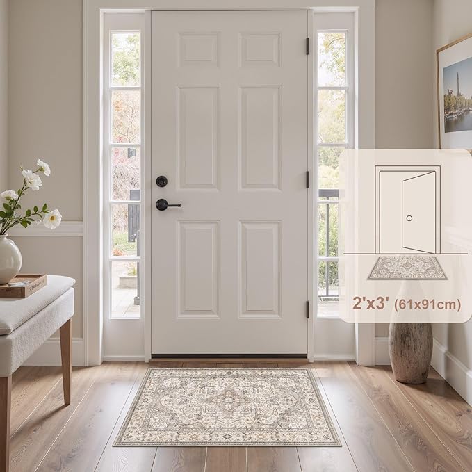 Washable Area Rugs for Living Room -2x3 Neutral Vintage Distressed Floral Farmhouse Boho Large Soft Floor Rug Indoor Non Slip Carpet for Bedroom Dining Room Office - Brown/Multi-Ruum Studio Home