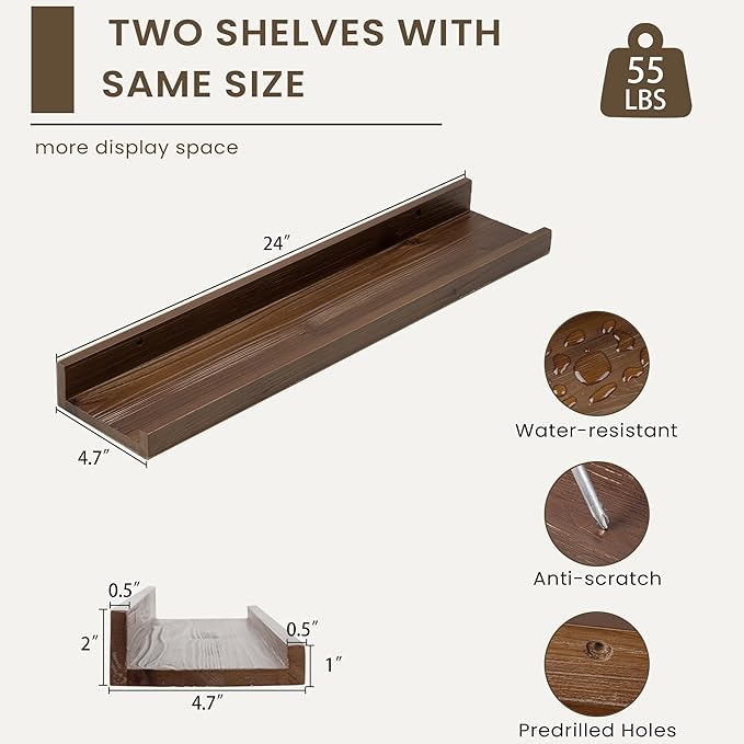 Floating Shelves for Wall, Picture Ledge Shelf 24 Inch Solid Wood Set of 2, Rustic Wall Shelves with Lip, Kids Bookshelf, Photo & Picture Live Edge Floating Shelves for Bedroom, Living Room, Kitchen-Ruum Studio Home