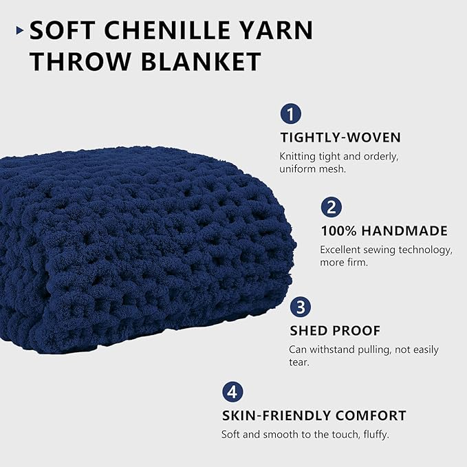 L'AGRATY Chunky Knit Blanket Throw: 80''x90'' Chenille Chunky Knitted Throw Blanket for Bed Couch - Handmade Thick Big Cable Knit Blanket - Large Chunky Crochet Blanket for Home Decor(Navy Blue)-Ruum Studio Home