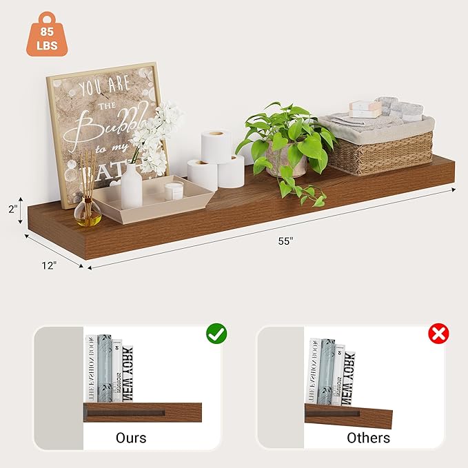 Heimlove 12 Inch Deep Floating Shelves, 55 x 12 inches Long Wall Shelf, Large Extra Display Shelf & Storage Shelf, Rustic Wood Wall Shelves for Fireplace Mantel, Set of 1(Walnut)-Ruum Studio Home