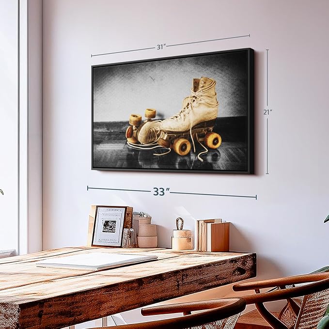 ElephantStock Vintage Skates Pop Wall Art - Horizontal Framed Canvas - 1-Piece Living Room Wall Decor - Sport Photography Canvas Print - Beige and Black Decor for Wall - 31" X 21"-Ruum Studio Home