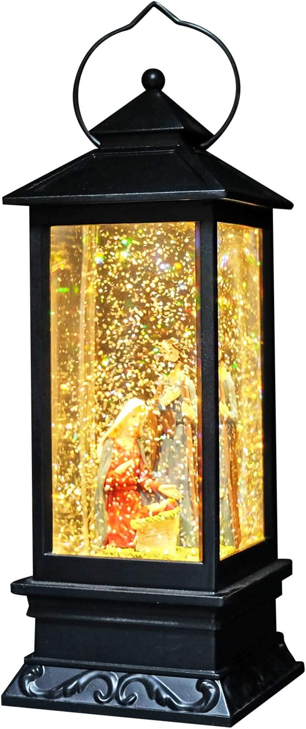 Eldnacele Musical Snow Globe Lantern Lighted Lamp USB Lined in Swirling Glitter Water Lantern Lamp Christmas Nativity Decoration Hurrican Light Timer 12" (Nativity)-Ruum Studio Home