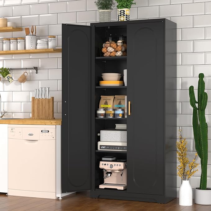 71" Tall Kitchen Pantry Cabinet, Pantry Storage Cabinet with Doors and Shelves, Metal Food Pantry Cabinets with Handles, Black Freestanding Cupboard for Living&Dining Room-Assemble Required-Ruum Studio Home