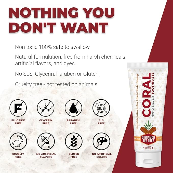 Coral Nano Silver Cinnamon Tea Tree Toothpaste, Natural Fluoride Free Teeth Whitening Toothpaste, Coral Calcium Nano Silver Infused SLS Free 4 Ounce-Ruum Studio Home