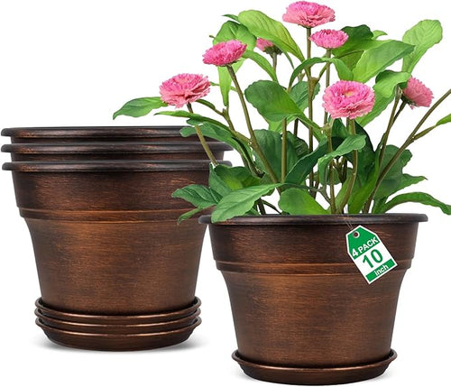 10 Inch Planters Plant Pots Indoor Outdoor, 4 Pack Plastic Flower Pot for Indoor Plants with Drainage Holes & Trays, Resin Decorative Container Sets with Saucer for House Garden Copper-Ruum Studio Home