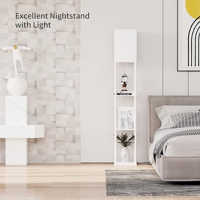 SUNMORY Shelf Floor Lamp with 3-Way Dimmable LED Bulb, Modern Square Standing Lamp with Shelves and White Shade, Corner Display Bookshelf Lamp for Living Room and Bedroom(White)-Ruum Studio Home