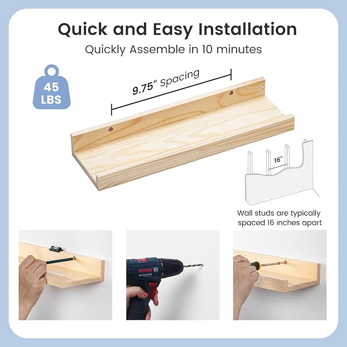 Picture Ledge Shelf for Wall, 16 inch Solid Pine Wood Nursery Book Shelves 2 Packs, Floating Ledge Shelves for Kids' Room Bedroom Bathroom Living Room Photo Frames Office Nursey Wall Decor, Natural-Ruum Studio Home