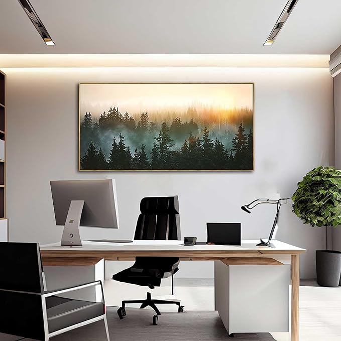 Living Room Wall Art Sunrise Misty Forest 24"x48" Modern Home Wall Decor Plants Wall Decorations Framed Artwork for Bedroom Dining Room Office Hotel-Ruum Studio Home