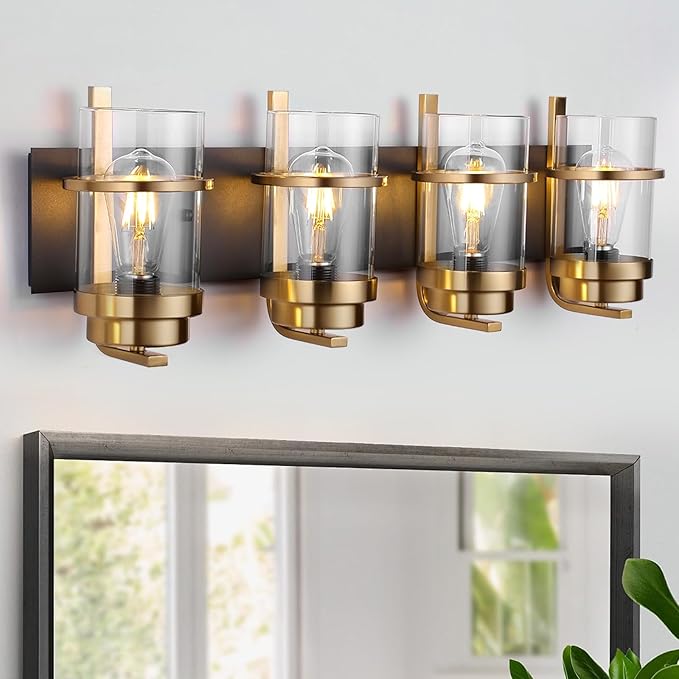 Black Gold Wall Sconces,Bathroom Vanity Light Fixtures,4 Lights Black Sconce Over Mirror,Farmhouse Bathroom Lights(Bulbs not Included)-Ruum Studio Home