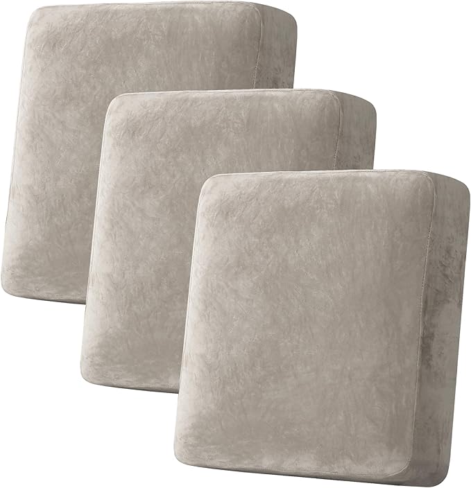 H.VERSAILTEX Velvet Stretch Couch Cushion Cover Plush Cushion Slipcover for Chair Loveseat Sofa Cushion Furniture Protector Seat Cushion Sofa Cover (3 Piece Sofa Cushion Covers, Oatmeal)-Ruum Studio Home