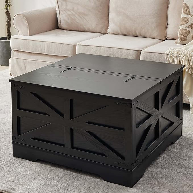 Black Coffee Table with Storage, Cocktail Table with Hinged Lift Top, Farmhouse Square Wood Center Table with Large Hidden Storage Compartment for Living Room, Square Coffee Table, Metal Edges Decor-Ruum Studio Home