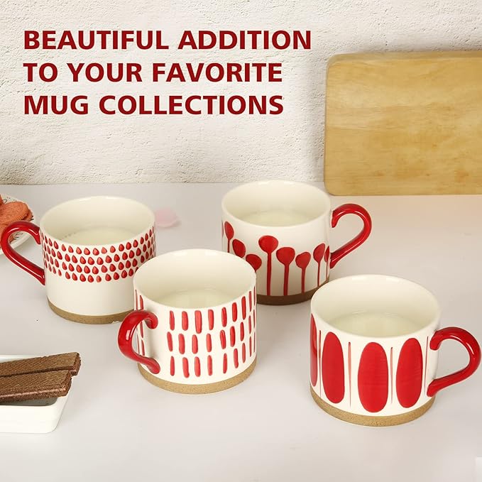 Koja Hand Painted 15 oz. Porcelain Ceramic Mugs Set. Service for 4. (Hand Painted - Red)-Ruum Studio Home