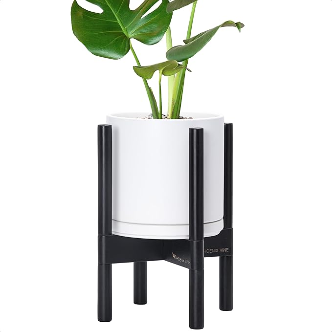 D'vine Dev Ceramic Planter with Ebony Stand - 8 Inch Modern Round Flower Pot with Wood Planter Holder, White, 55-B-M-1-Ruum Studio Home