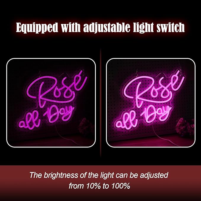 Rose All Day Neon Sign LED Pink Rose Neon Light For Wall Decor Dimmable USB Words Light Up Sign for Bedroom Wedding Party Atmosphere Decor Lovers Gift(12.2 * 16.1 In)-Ruum Studio Home
