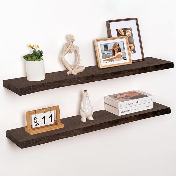 RICHFOCUS Live Edge Elm Floating Shelves - 40" W x 9.3" D Rustic Solid Wood Wall Shelves with Invisible Bracket, Wall-Mounted for Living Room, Bedroom, Kitchen Storage & Display, Set of 2, Walnut-Ruum Studio Home