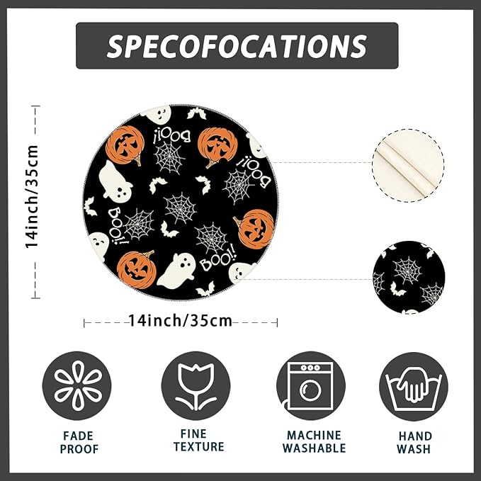 XCHI Boo Spooky Ghost Pumpkin Halloween Round Placemats Set of 4 Table Mats Table Decorations 14x14 Inch-Ruum Studio Home
