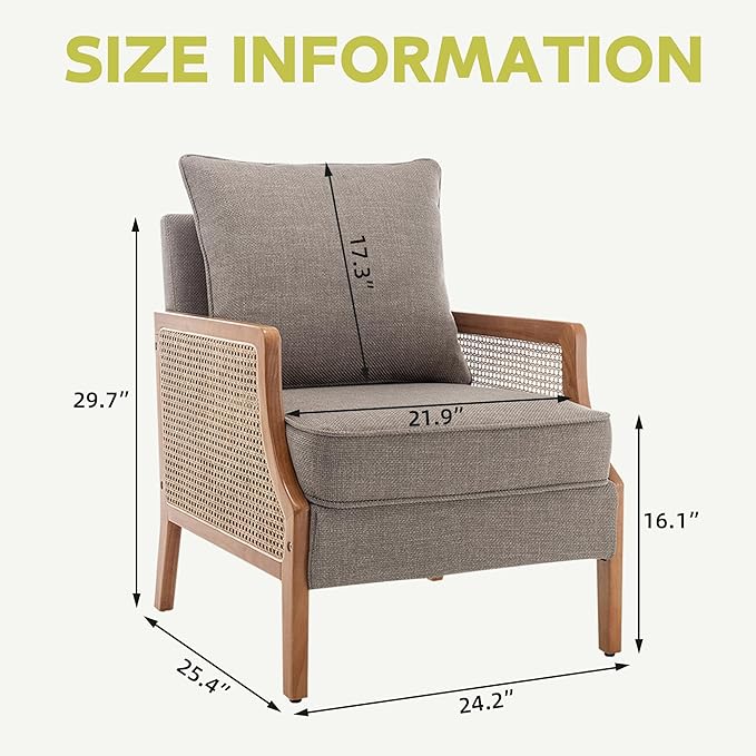 HAOBO Home Mid Century Modern Accent Chair Upholstered Living Room Chairs Armchair with Rattan Armrest Comfy Reading Chair with Wood Frame Lounge Side Chair with Waist Cushion-Ruum Studio Home