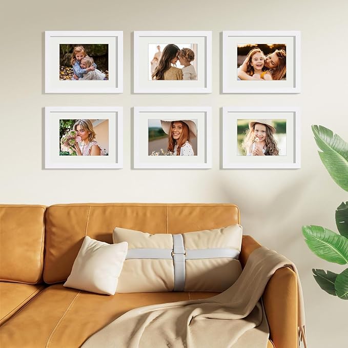 Vittanly 8.5x11 Picture Frames Set of 9, Shatter Resistant Plexiglass, Display 6x8 Pictures with Mat or 8.5x11 without Mat, Photo Frames for Wall or Tabletop, Engineered Wood, White-Ruum Studio Home