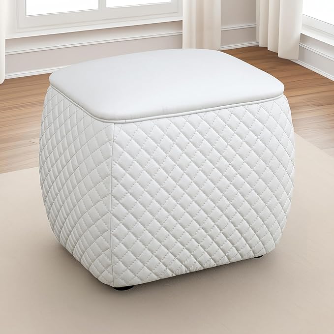 Ottoman Rectangular Storage Ottoman Bench, Faux Leather Footrest, Stool Footstool for Living Room, Bedroom, Entryway, White, 19.5"x15.5"x18"-Ruum Studio Home