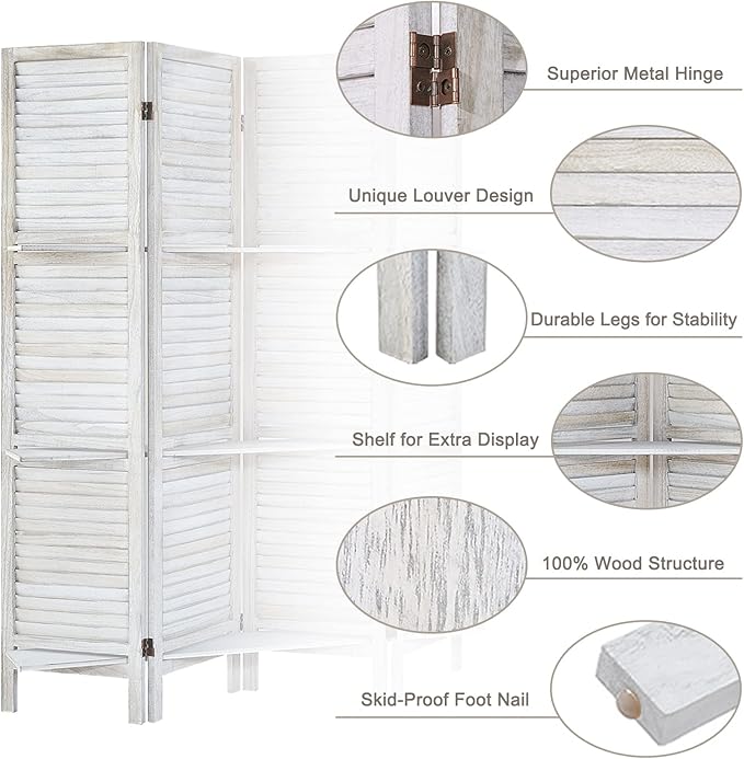 Room Divider with Shelves, Privacy Screen, Room Dividers and Folding Privacy Screens, 4 Panel Wood Temporary Wall Partition Separation Separator, Coconut-Ruum Studio Home