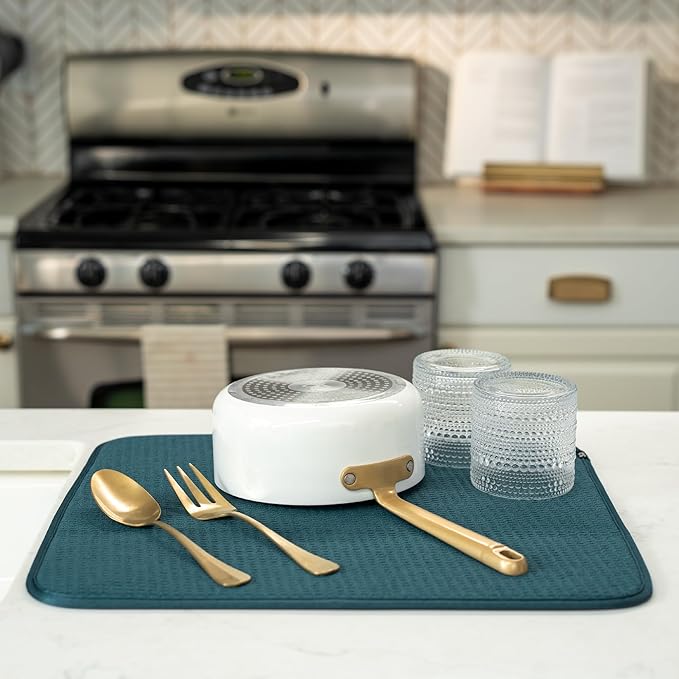 S&T INC. Dish Drying Mat, 16” x 18”, Absorbent Microfiber Kitchen Counter Mat, Dish Drying Pad for Dishes, Utensils, Pots and Pans, Large, Tapestry Blue-Ruum Studio Home
