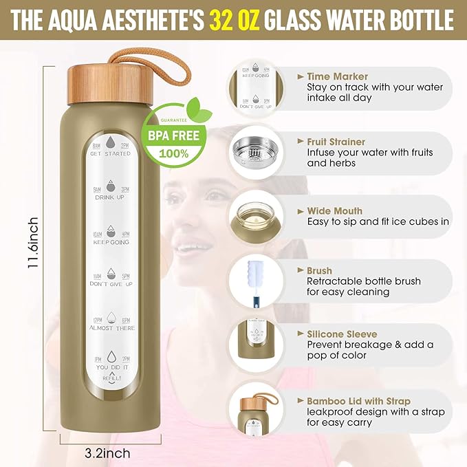 Aqulea Glass Water Bottles with Silicone Sleeve - BPA Free Reusable Wide Mouth Glass Motivational Water Bottles with Fruit Infuser – Leak Proof Borosilicate Water Bottle with Time Marker-Ruum Studio Home
