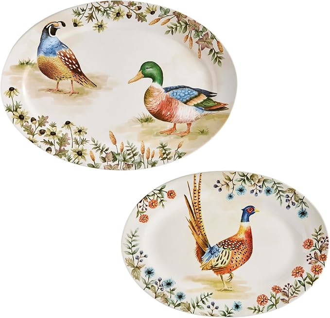 Bico Autumn Birds 16 plus 14 inch Oval Platters Set, Set of 2, Microwave and Dishwasher Safe, for Serving Fish, Chicken, Turkey-Ruum Studio Home