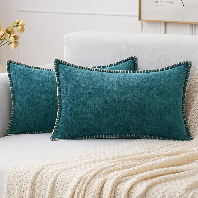 MIULEE Pack of 2 Couch Throw Pillow Covers 12x20 Inch Dark Teal Farmhouse Decorative Pillow Covers with Stitched Edge Soft Chenille Solid Dyed Spring Pillow Covers for Sofa Bed Living Room-Ruum Studio Home