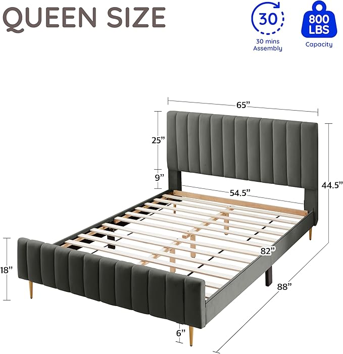 Livinia Queen Size Elton Velvet Platform Bed, Upholstered Bed Frame with Vertical Channel Tufted Headboard Footboard, Strong Wood Slats, No Box Spring Needed, Gray (Queen)-Ruum Studio Home
