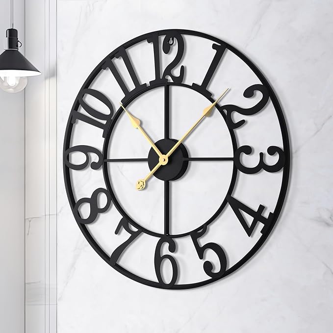 LEIKE Large Wall Clock, 18.5" Silent Non-Ticking, Battery Operated, Oversized, Decorative Retro Black Metal Clock for Living Room,Farmhouse, Dinner Room,Indoor, Outdoor(47cm, Black Arabic Number)-Ruum Studio Home