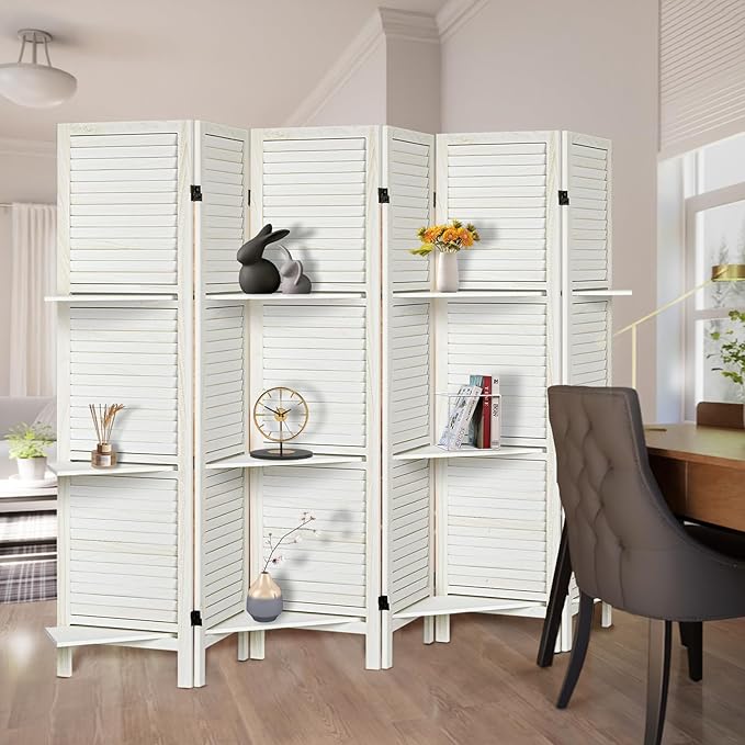 Room Divider with Shelves, Privacy Screen, Room Dividers and Folding Privacy Screens, 6 Panel Wood Temporary Wall Partition Separation Separator, White-Ruum Studio Home
